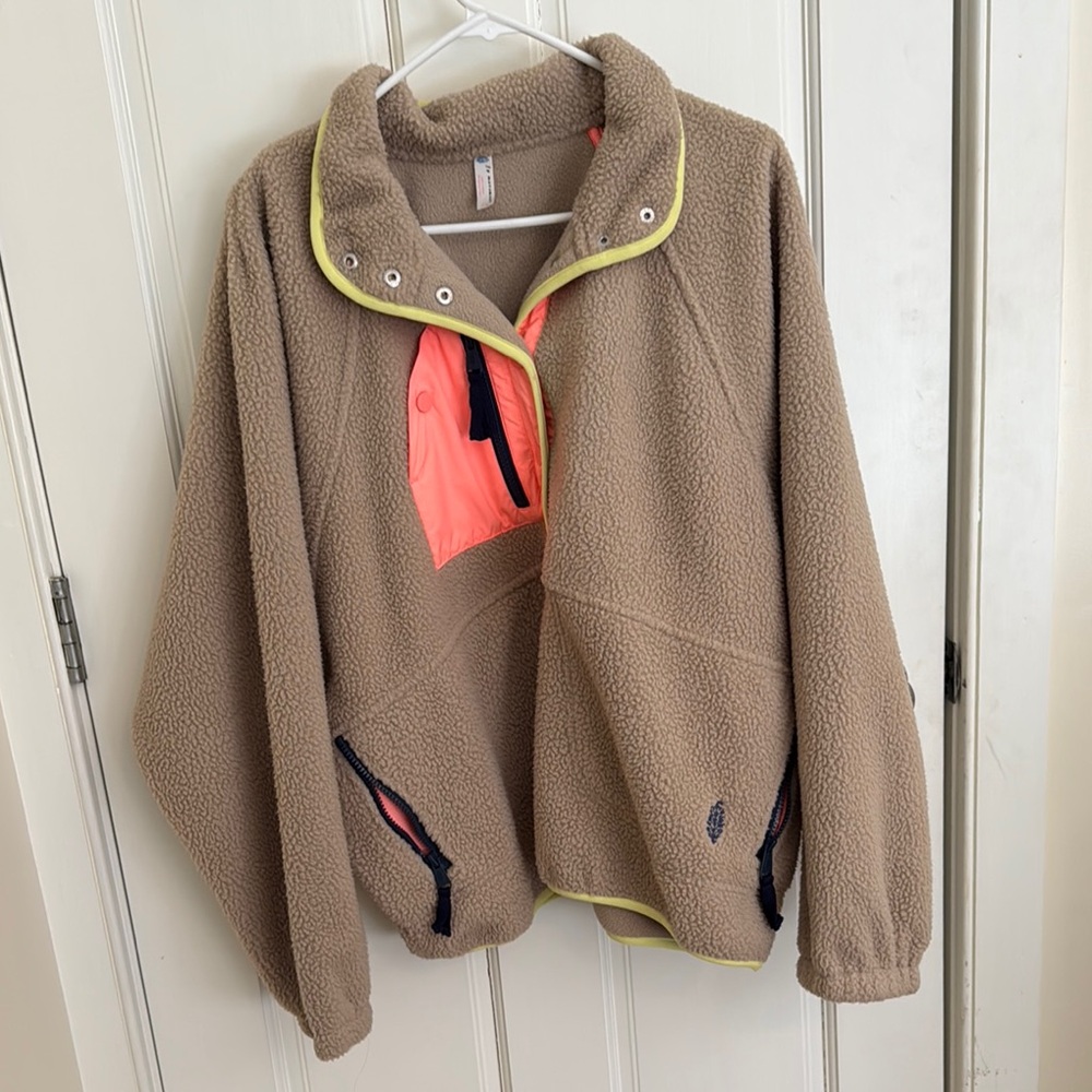 Tan Fleece Jacket with Neon Accents